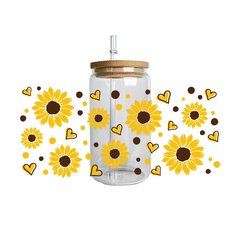 Sunflower series Easy peel waterproof DIY Decals 3D transfers uvdtf crystal stickers 16oz uv dtf cup wraps for Glasses