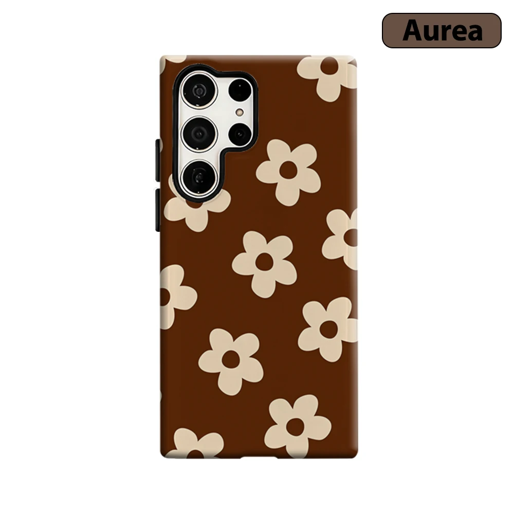 Braune Basis Mini Blumen Retro Handyhülle für Samsung Galaxy S25 Ultra S24 S23 Ultra Plus Stoßfeste Doppelschicht Robuste Rückabdeckung