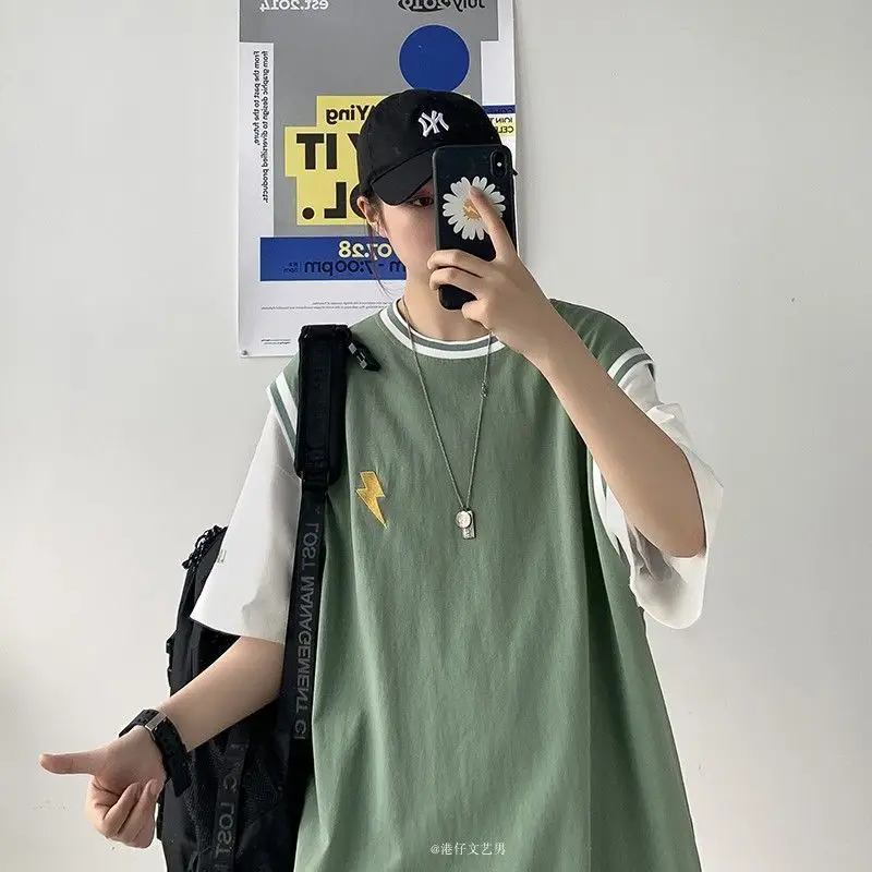 

Summer new Hong Kong style fake two-piece short-sleeved T-shirts for men and women ins Korean style loose trendy student tops
