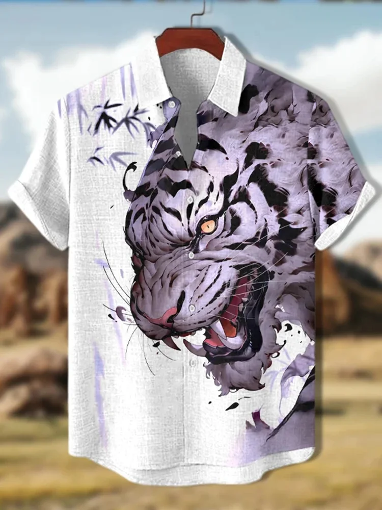 

Summer Vintage Men's Hawaiian Shirt Short Sleeve Tiger Printed Shirts For Men Single Button Beach Tee Shirt Men Clothing