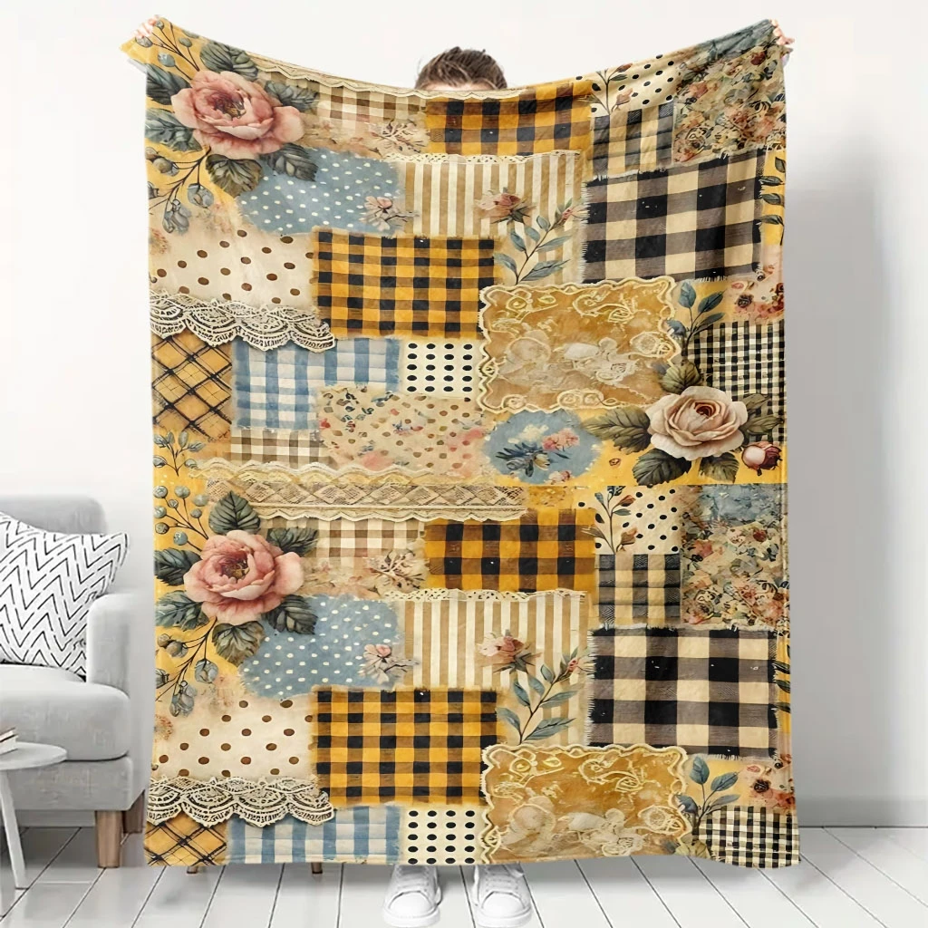 Rustic Patchwork Buffalo Plaid Stripe Floral Lace Collage Retro Blanket, Warm Cozy Blanket,Farmhouse Decor Gift Bedroom Rest Use