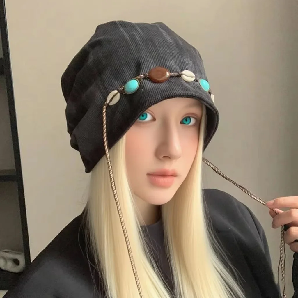 Fashionable Gem Chain Decorated Solid Color Versatile Outdoor Photography Autumn Winter Warm Overhead Hat