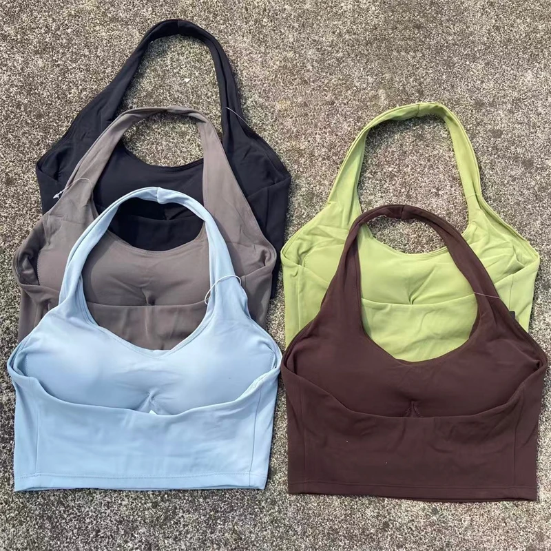 

Спортивный бюстгальтер с лямкой через шею для женщин, укороченный топ для тренировок в зале, йоги, фитнеса, с высокой поддержкой, пуш-ап, для бега, облегающий, мягкий, бесшовный