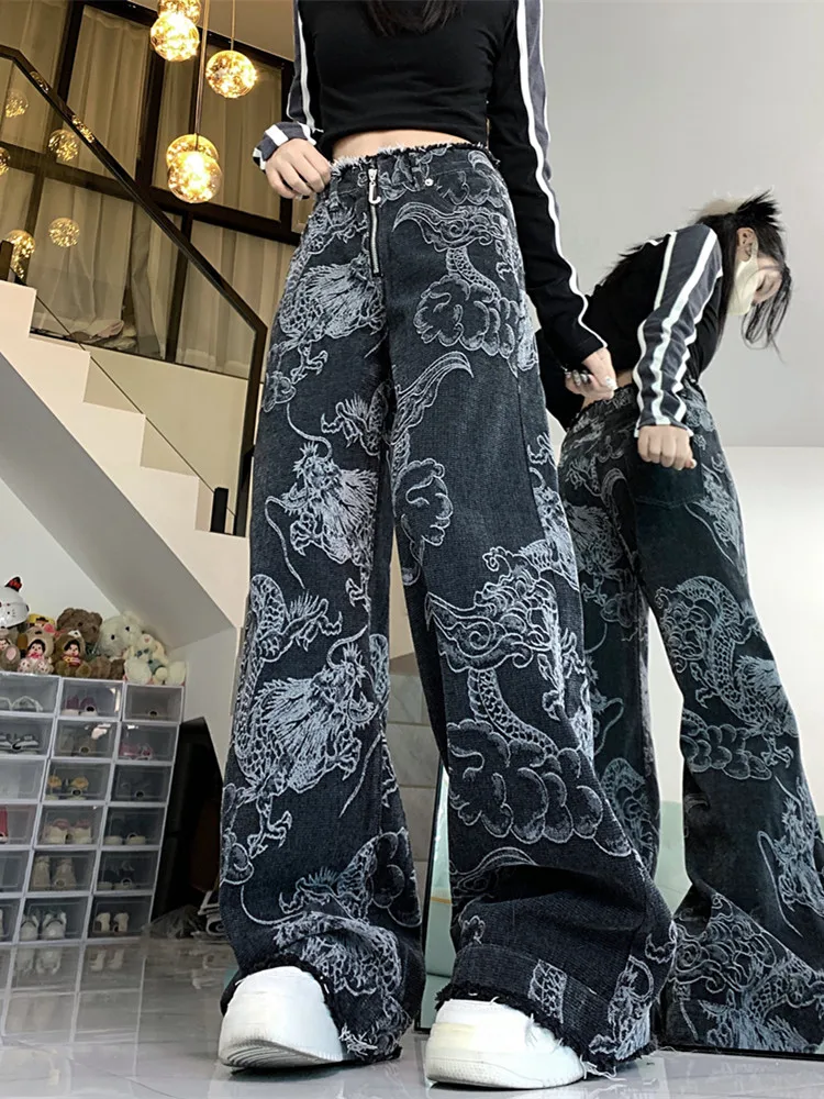 2023 Cyber Y2K Streetwear Dragon Print Black Baggy Wide Leg Jeans Pants For Women 90S Clothes Vintage Lady Straight Trousers