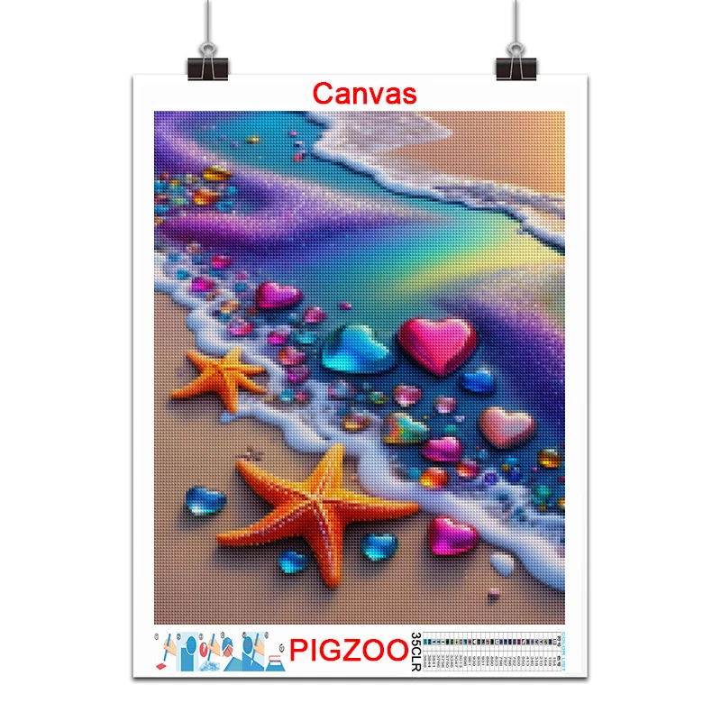 Großes Diamantgemälde, Strand, Meerblick, Seestern, Landschaft, Strand, Heimdekoration, komplett, quadratisch und rund, Mosaik-Stickerei, Kreuzstich