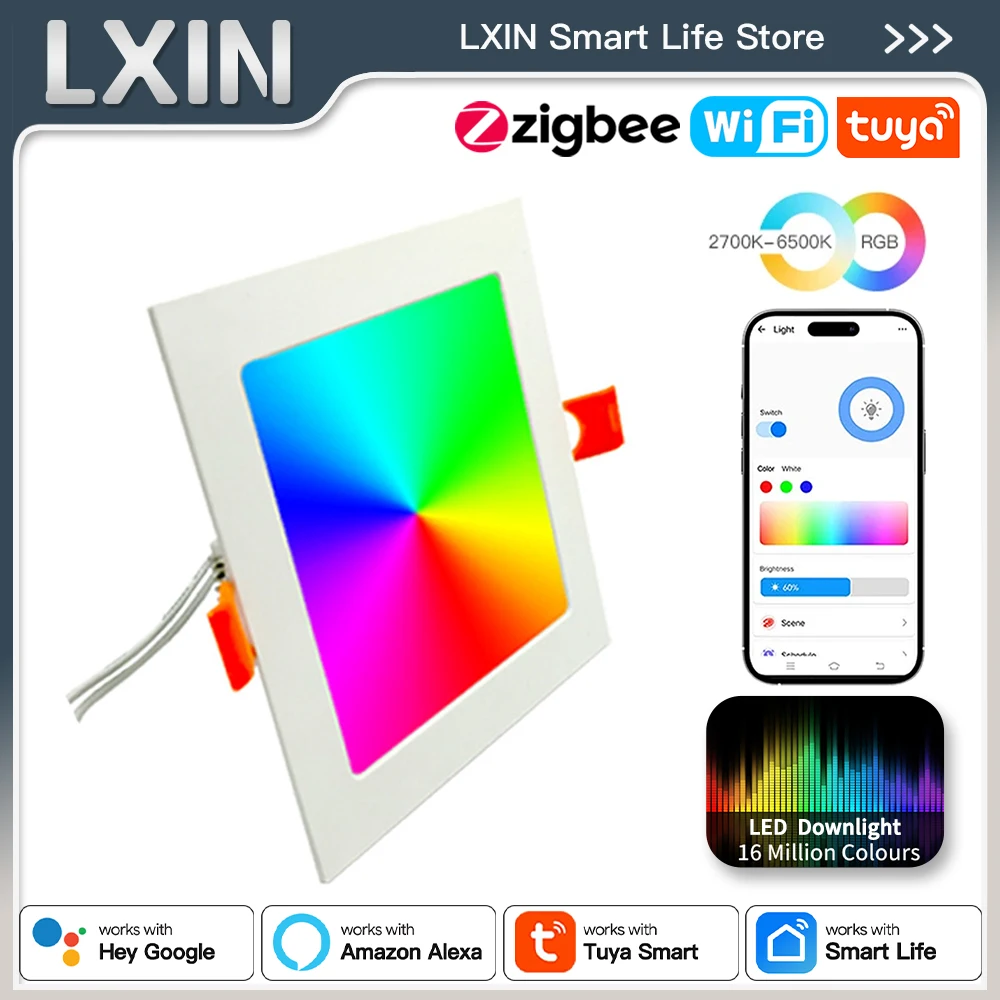 Lxin Tuya downlight WIFI or zigbee, Square Smart Spots light, Brightness Color temperature adjust Bulb, Voice with google alexa