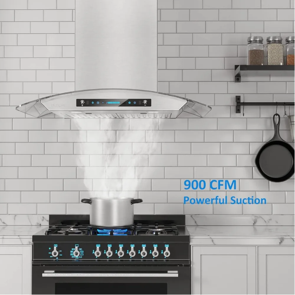 30 inci Wall Mount Range Hood kaca Tempered 900 CFM, dapur cerobong asap baja anti karat dengan gerakan penginderaan