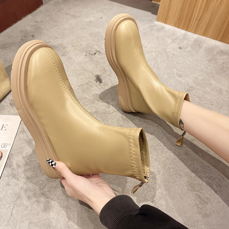 New Popular Fashionable Chunky Women Luxury Boots Fashion Back Zippers Thick Heel Short Boots Retro Street Style Female Shoes