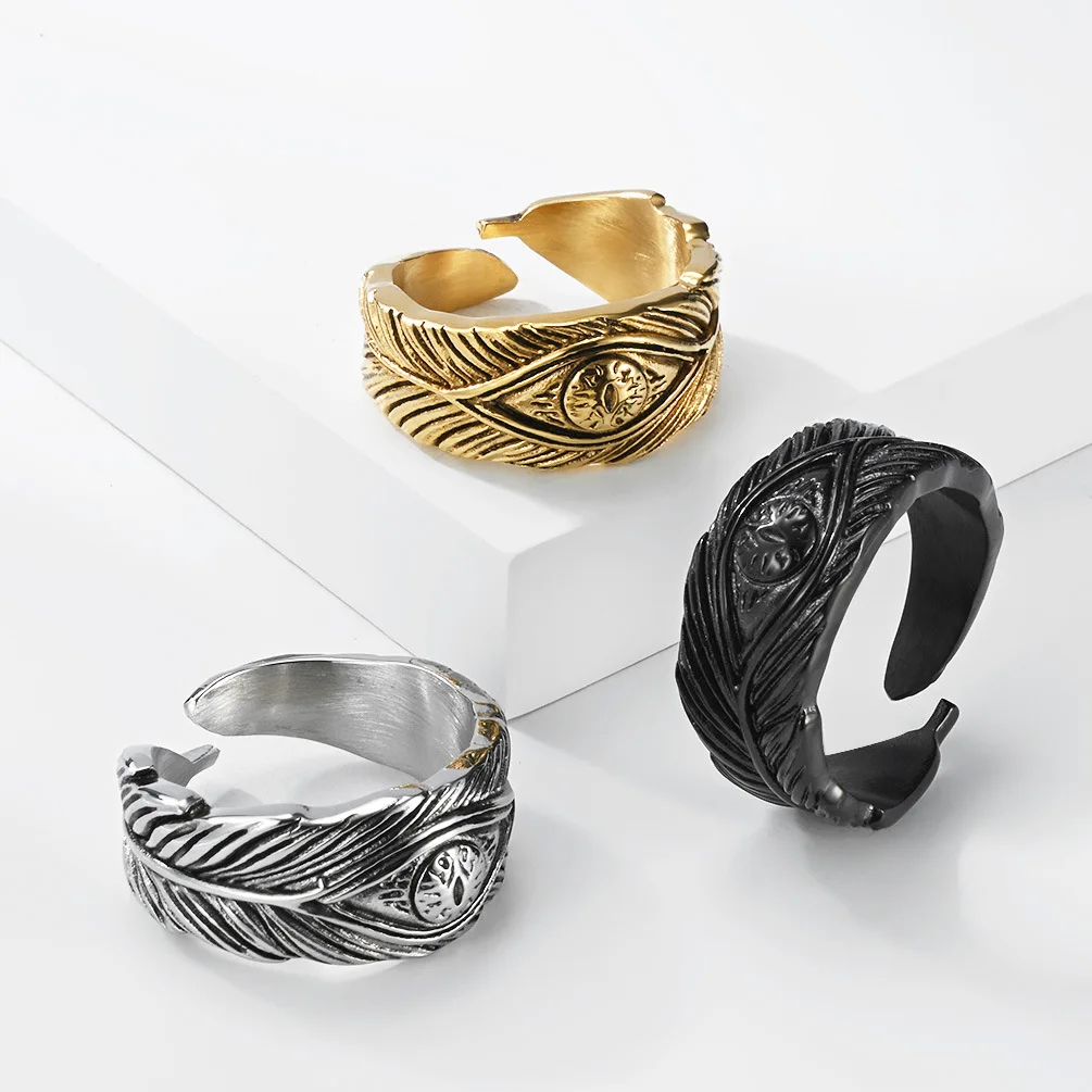 Vintage Wind Print Dian Wind Feather Eyes Men's Ring in Stainless Steel Bague Homme Acier Inoxydable Style Vintage