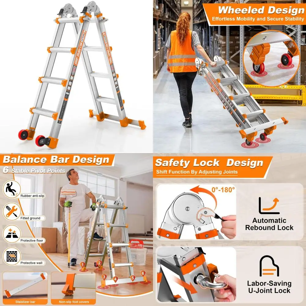 telescoping a-frame ladder with wheels & stabilizer bar - 14ft folding extension ladder, 330lb security load multi position ladd