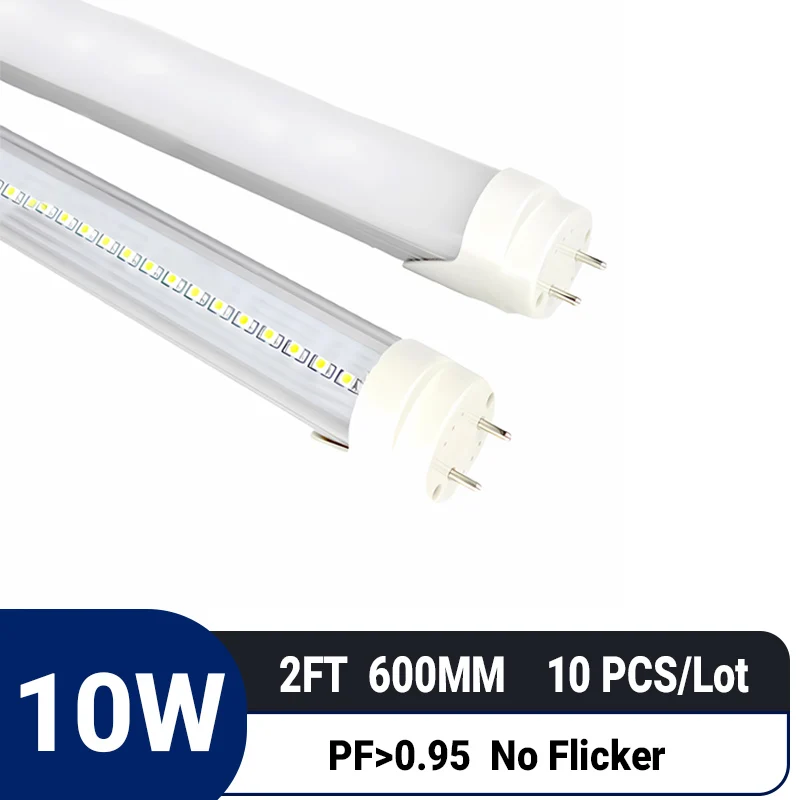 

6pcs/lot 2ft 600mm 10w AC85-265V input Led Fluorescent lamp For Home Lighting SMD2835 high brightness T8 led tube