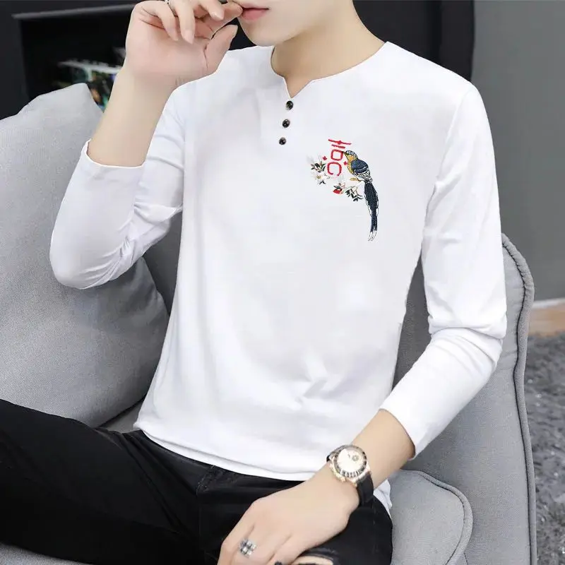 Premium High Quality Men Cotton V Neck Long Sleeve Thin T Shirt Korean Style Trendy Autumn Top New Arrival