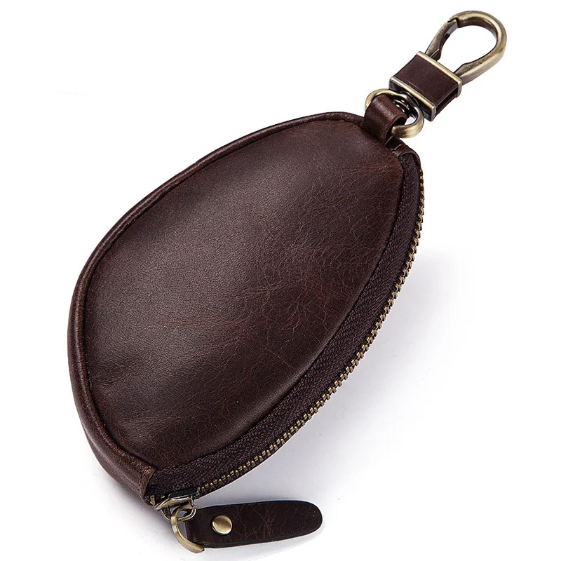 Bolso para llaves de coche de cuero genuino de alta calidad, bolso para llaves informal y a la moda, monedero con cremallera y cadena de cuero de vaca de primera capa