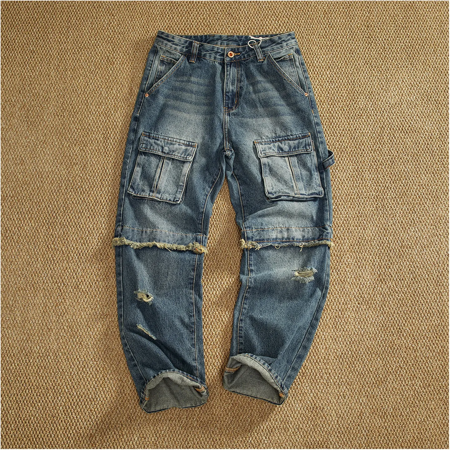 Retro workwear patchwork jeans, multi-pocket heavyweight, thick straight-leg micro-taper trousers