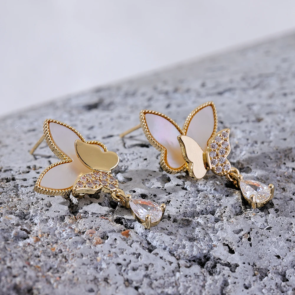 Mchic Exquisite Natural Shell Cubic Zirconia Butterfly Drop Earrings Women Statement Gold Color Copper Fashion Jewelry серьги