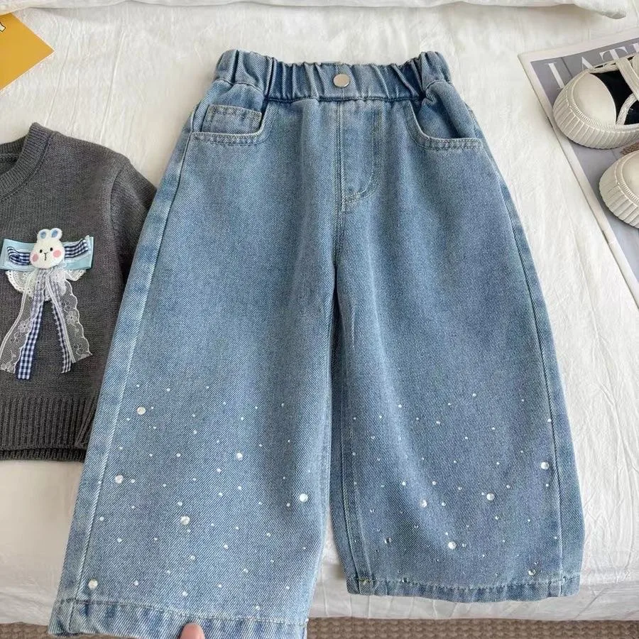 Girls Denim Jeans Spring Autumn Fashion Children's Rhinestone Wide Leg Pants Loose Trousers for Kids