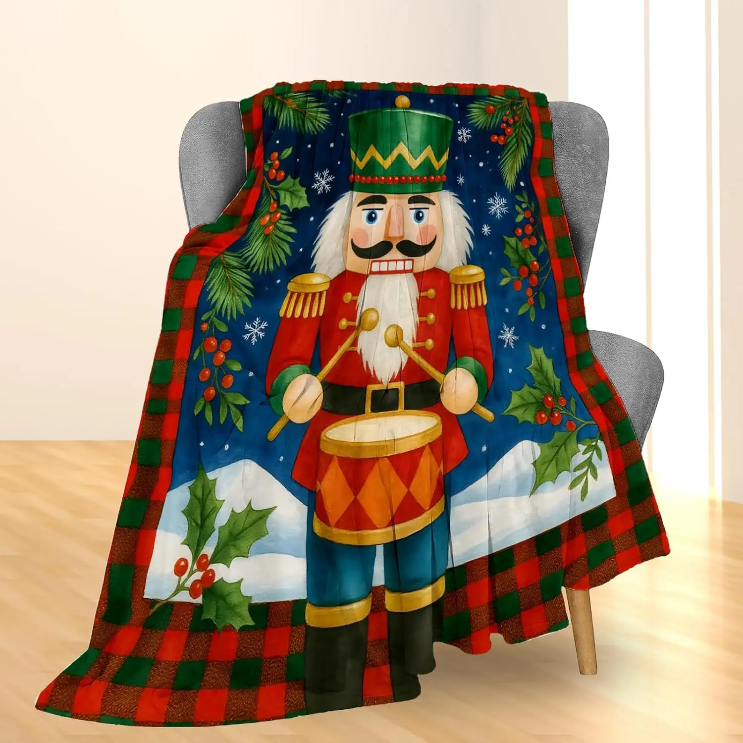 Christmas Nutcracker Blanket, Soft Lightweight Flannel Classic Nutcracker Drummer Throw Blanket for Couch, Bed, Travel & Home