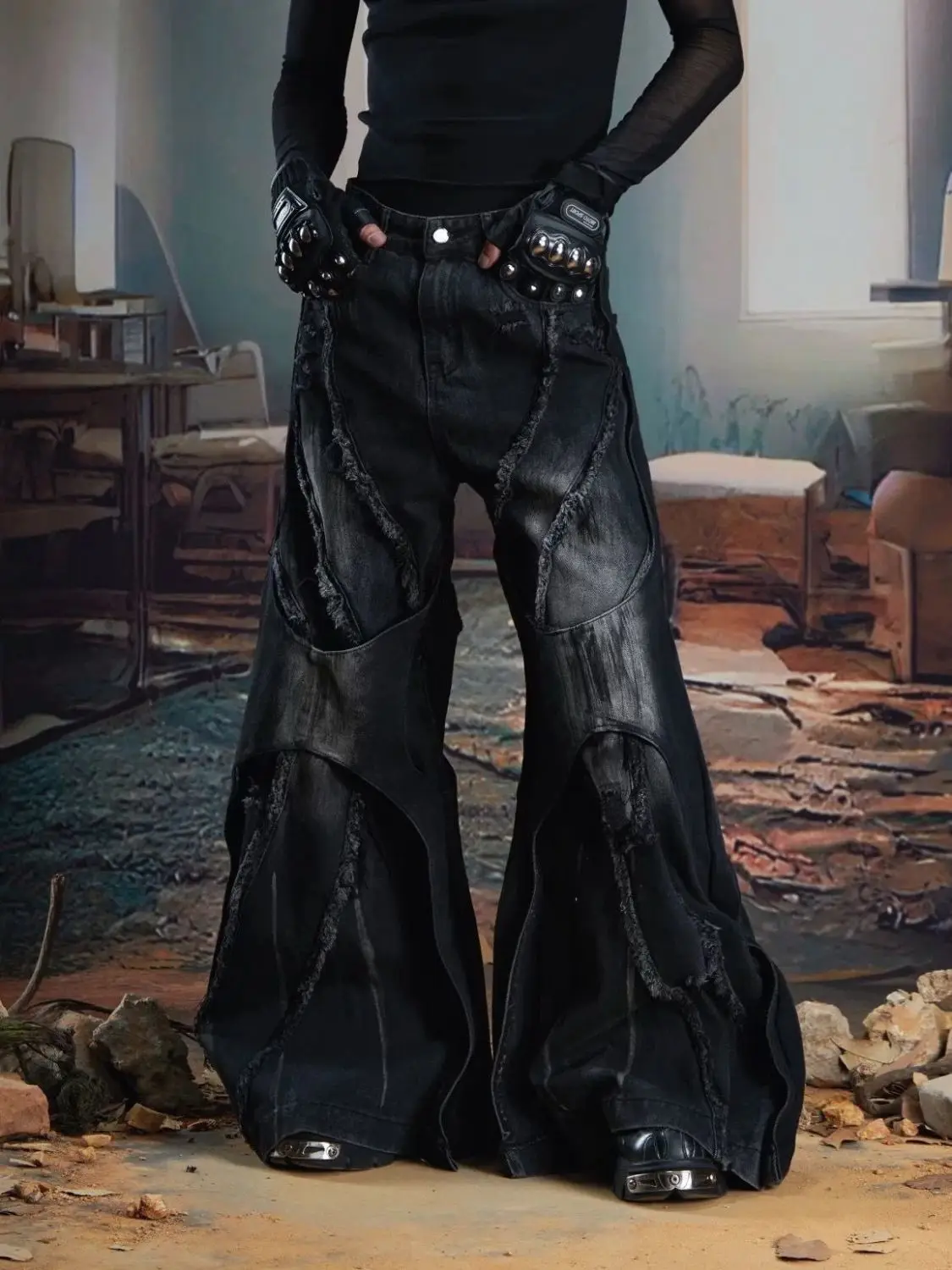 Men's Double Layered Spliced Wide Legs Jeans Sweatpants Spring Bottom Young Boy Casual Pants Male High Waist Y2k Cool Trousers