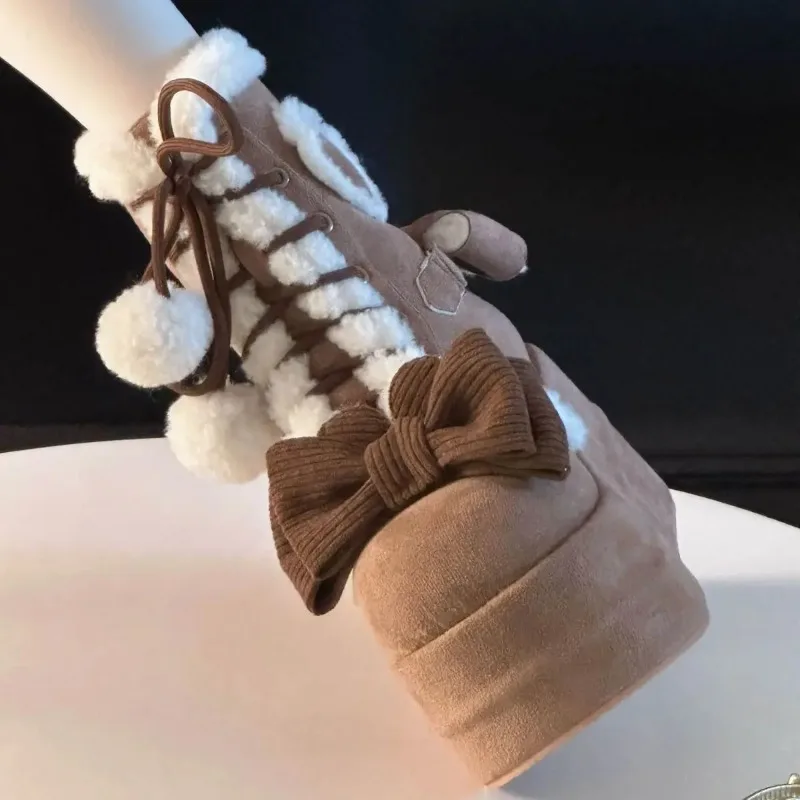 2025 Winter Lolita Boots Sweet Mid-Calf Snow Boots Bowknots Wedge Heightening Shoes Flannel Female Boots Woman Warm Chunky Shoes view 4