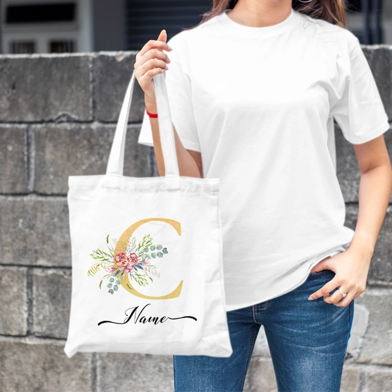 Personalized Name Custom Canvas Tote Bags Initial A-Z Flower Pattern Shopper Bags Foldable Bachelorette Party Gift Bride Teacher