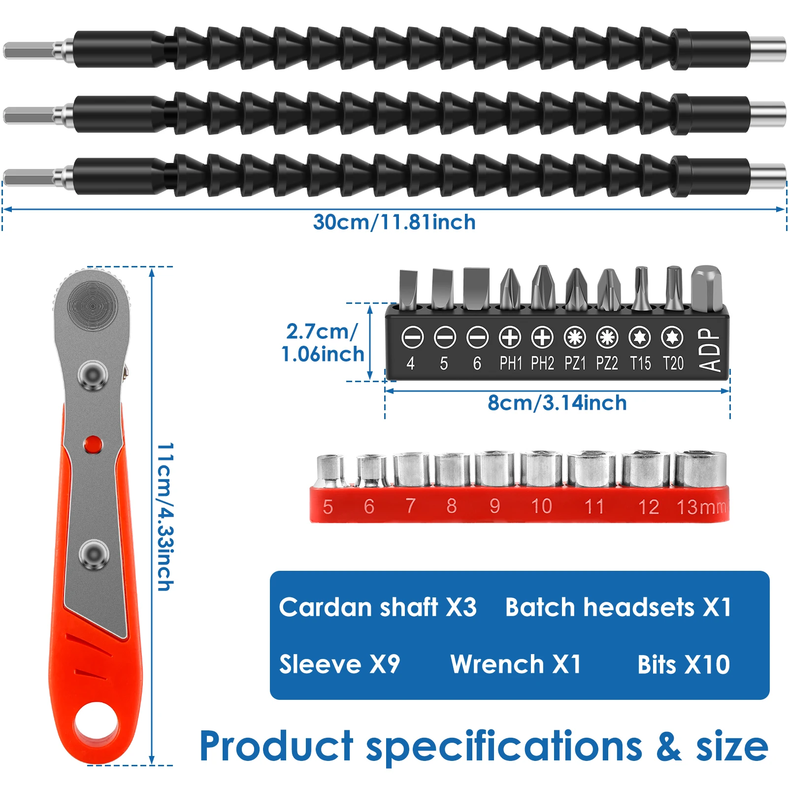 Juego de 4 extensiones de broca flexibles, destornillador de eje suave con 10 puntas de destornillador, 9 enchufes y 1 llave, taladro para carpintería