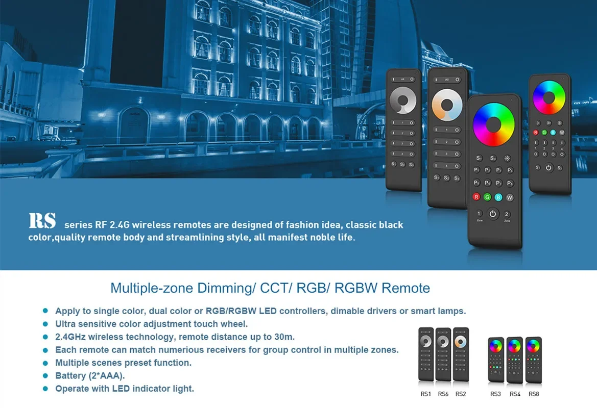 RS1/RS2/RS3/RS4/RS6/RS8/RS9/RS10 1/2/4/8 Zone Single color/Dual color/RGB/RGBW/RGB+CCT 2.4G RF Remote Controller for Led Strip