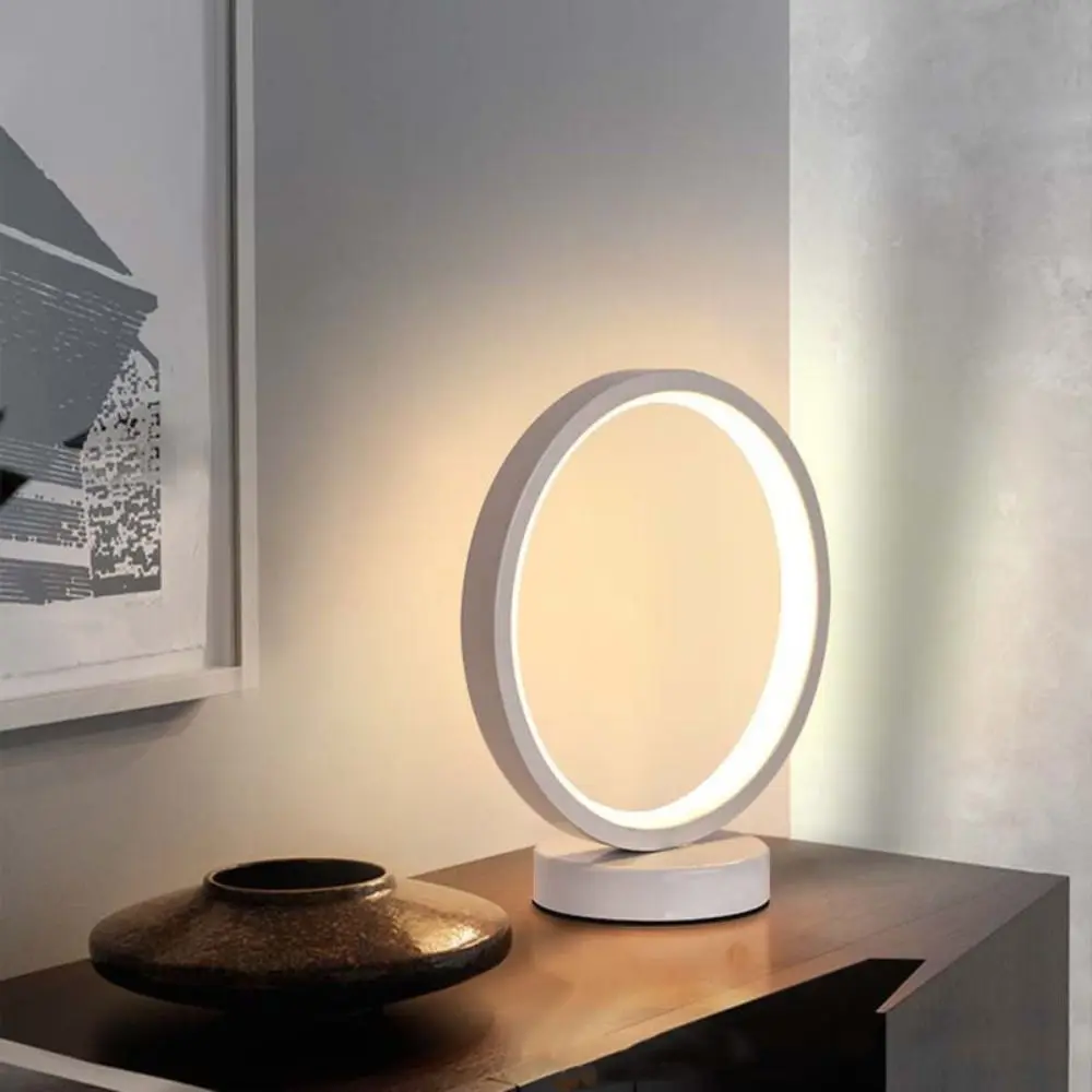 Art Decorative Simple LED Circular Ring Table Lamp Creative USB Plug Bedside Lamp Modern Night Light Office Home