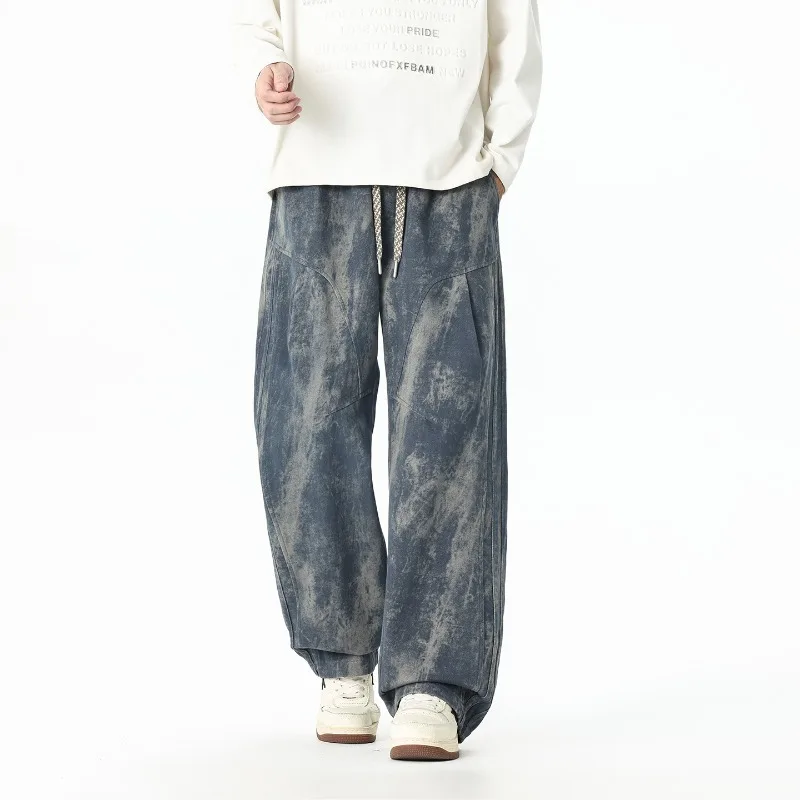Men's Vintage Tie-Dye Straight Leg Cargo Pants - Loose Fit Streetwear Trousers with Drawstring Waist for Hip Hop & Casual Style