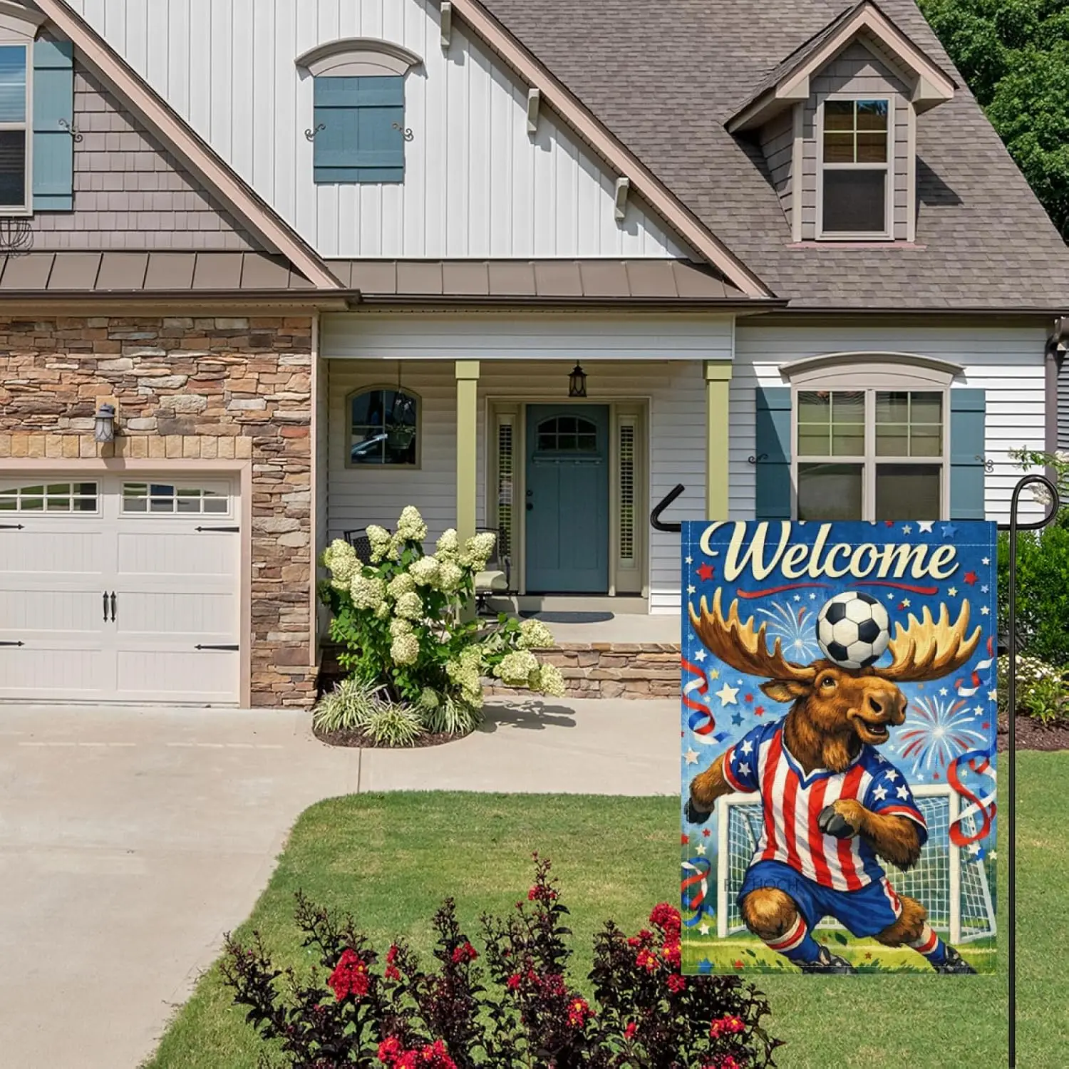 Welcome Funny Moose Garden Flag 28x40Inch,Boho American Red White Blue Outdoor Yard Decor,Soccer Animal Festive Stars Stripe jjp