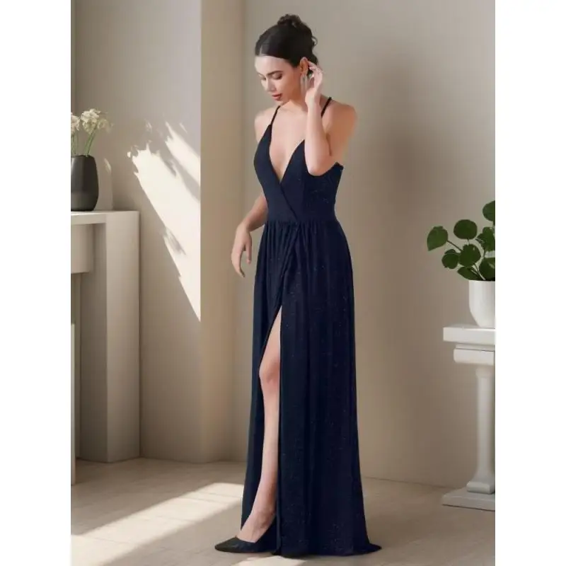 

Navy Blue Sling Dress Sexy V-Neck Cross Spaghetti Straps Backless Prom Dresses Shiny A-Line High Split Party Long Gowns 2026 New