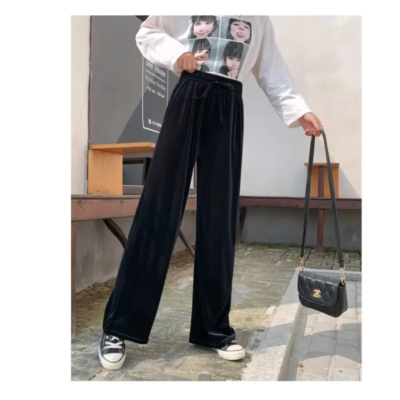 Autumn Winter Velvet Elegant Pants Women Black Casual Korean Style Wide Leg Pants Loose Fashion High Waist Trousers Female Y2k