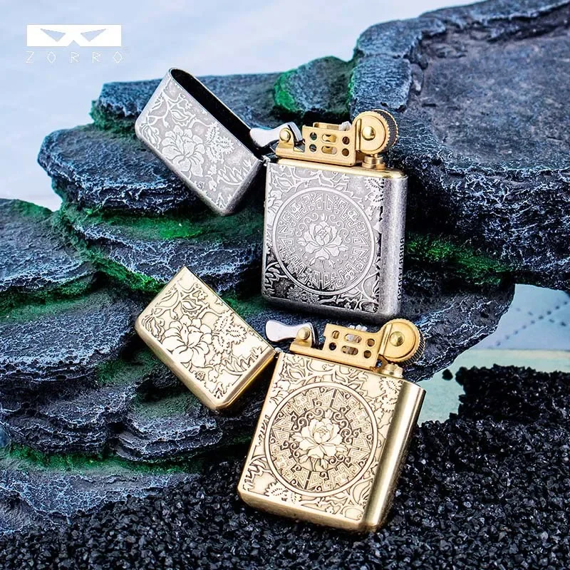 ZORRO Brass Double sided Hand carved Windproof Kerosene Lighter Personalized Retro Collection Wheel ignition Lighters Smoking
