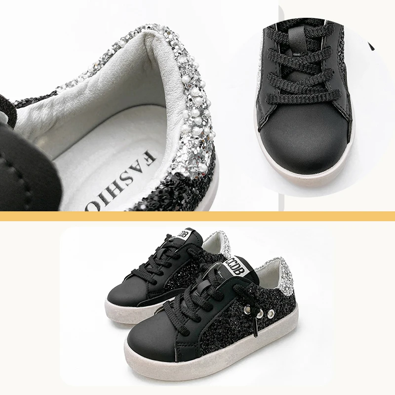 New Design Black Shoes for Kids 2024 Fashion GG Boy‘s Casual Shoes Kids Custom Star Glitter Children Leather Sneakers