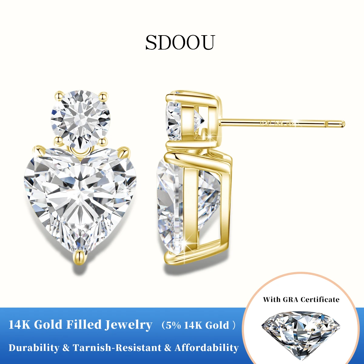 

SDOOU 14K Gold Filled 3ct Heart Cut Moissanite Stud Earrings D VVS1 Three Claw GRA Certified For Women Daily Jewelry Sweet Gifts