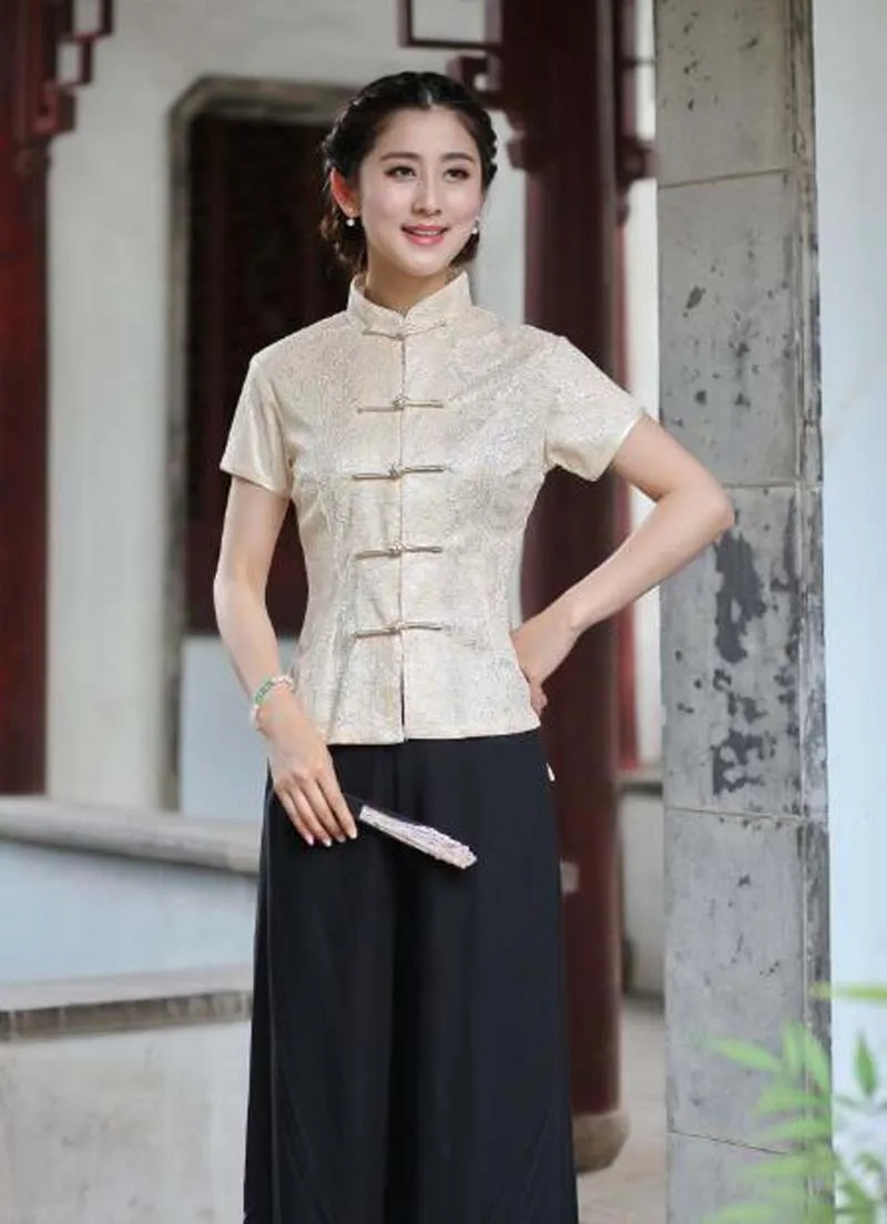 Wholesale Chinese Traditional Women Short Sleeve Jacket Satin Lace Tang Coat Casual T Shirt Slim Tops Blouse Size M L XL XXL 3XL