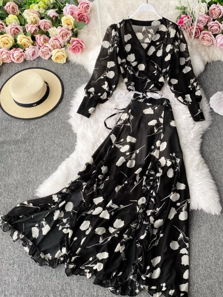 Women Fashion Elegant Casual Floral Skirts Suit Vintage Chic Shirts Blouse A-Line Slit Saya Outfits Autumn Female Two Pieces Set