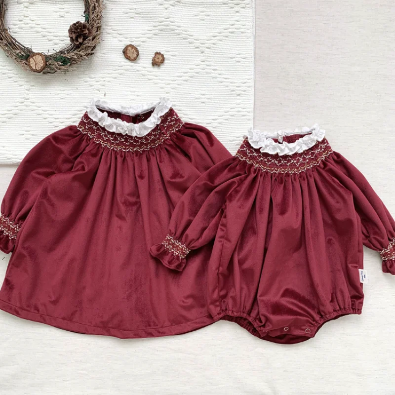 Spanish Baby Clothes Baby Girl First Birthday Dress Velvet Jumpsuit Baby Climbing Christmas Red Dress Romper Baptism Clothes