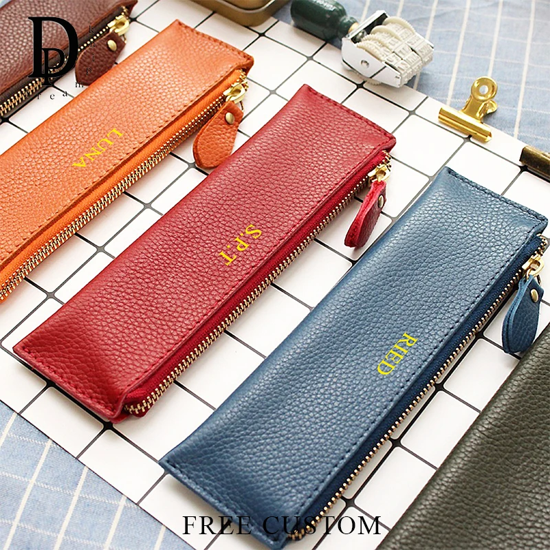 Engrave Initials Genuine Leather Pen Pouch Student Custom Name Cowhide Zipper Pen Bag Luxury Vintage Storage Bag Cosmetic Bag