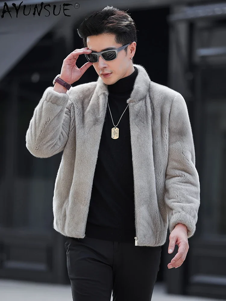 AYUNSUE Real Fur Coat Mink Jackets for Men Luxury Winter Natural Mink Fur Jacket Baseball Collar Fur Coats Jaqueta Masculino