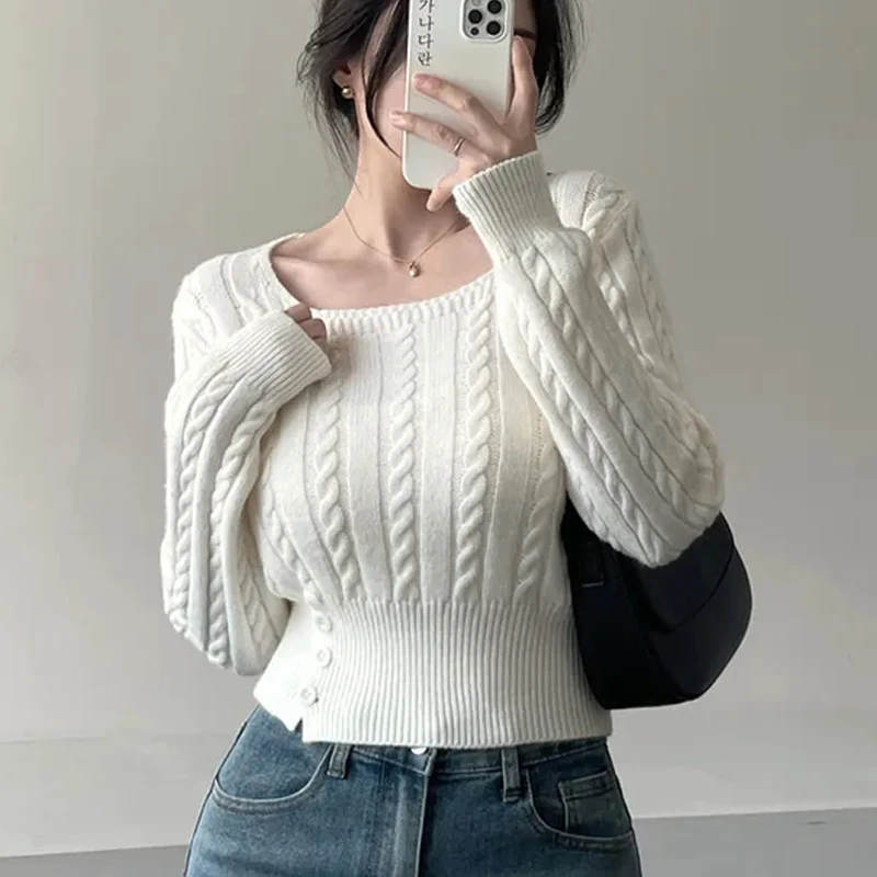 

Women's Knitted Thiened Casual Sweater Autumn Winter Korean Sle Square Collar Pure Color Base Top Button Single Row