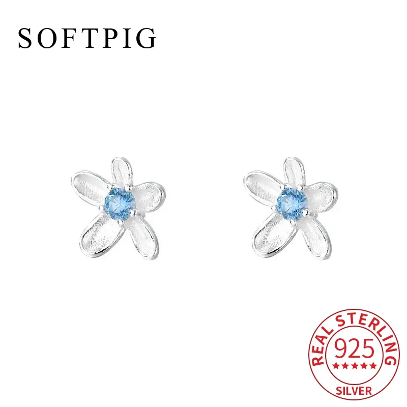 

SOFTPIG Real 925 Sterling Silver Blue Zircon Flower Piercing Screw Bead Stud Earrings for Women Cute Fine Jewelry Accessories