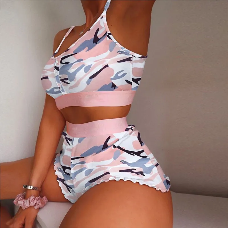 

2 Piece Set Women's Pajamas Shorts Suit Multiple Strawberry Print Underwear Sexy Underwear Vest Pajamas Casual Wear Home Wear