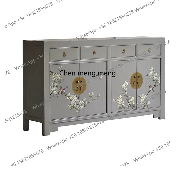 New Chinese solid wood hand-painted dining side flower and bird storage shoe cabinet neoclassical living room decorative cabinet