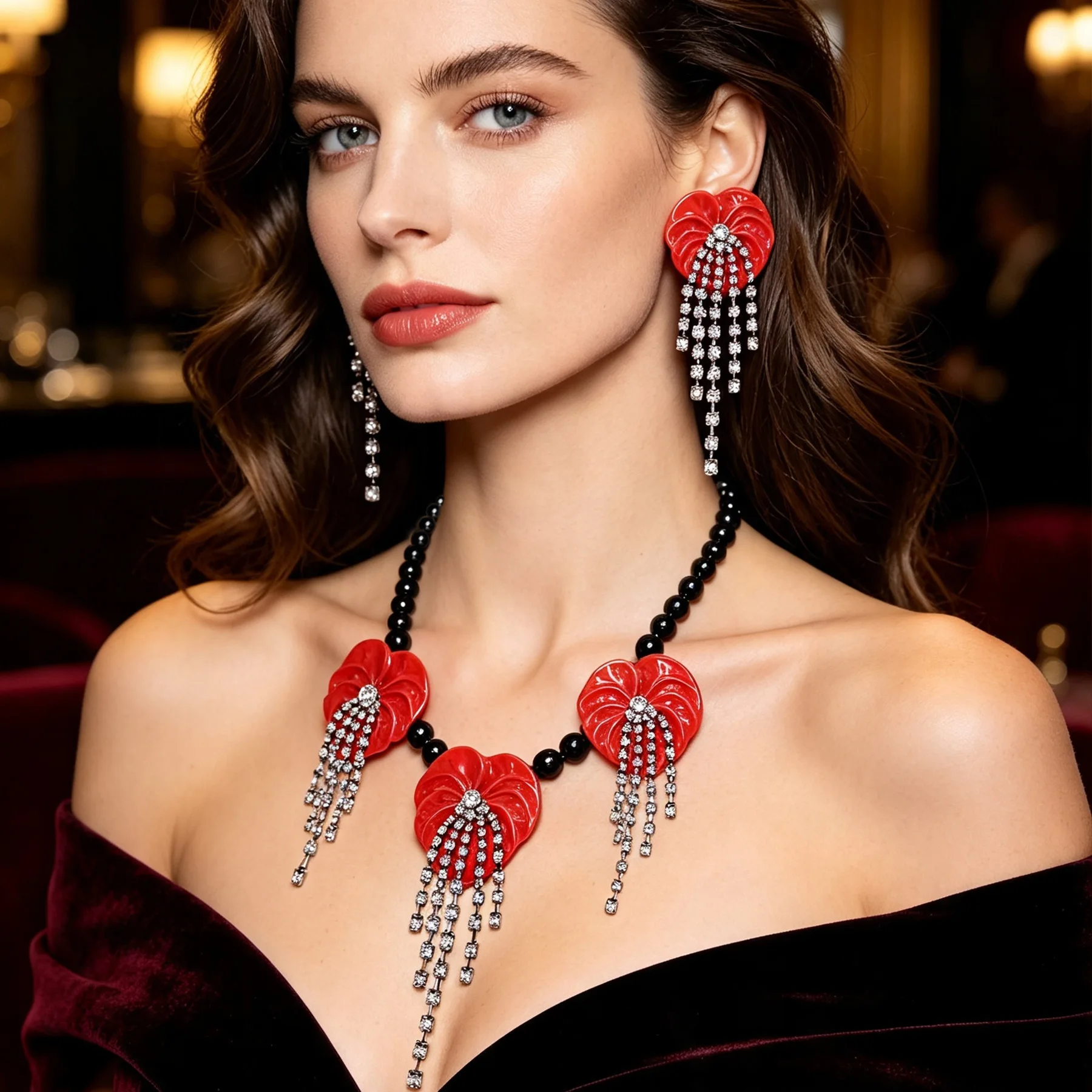 New Ethnic European Style Long Leaf Shaped Floral Rhinestone Tassel Necklace Earrings Set for Elaborate Party BanquetJewelry Set