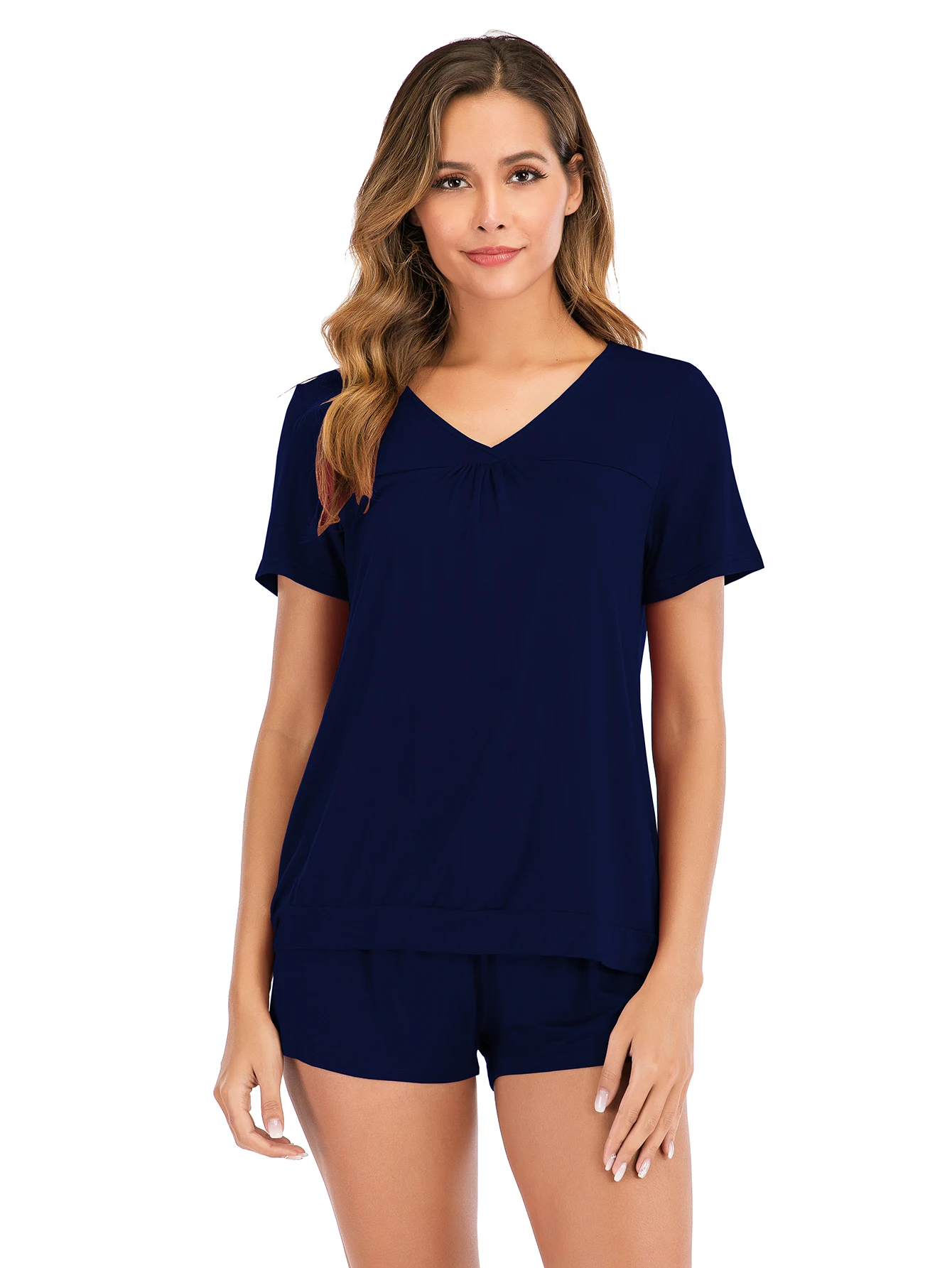 

Aamikast Women Pjamas Set V-Neck Modal Summer Short Sleeves Shorts Solid Color Two Piece Suit Sleepwear Drawstring Elastic Waist