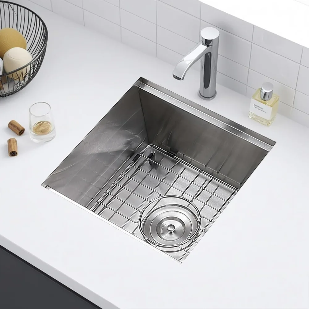 Fregadero de barra bajo montaje de acero inoxidable de 15x15 pulgadas, estación de trabajo de fregadero de preparación pequeña para cocina y RV, diseño de caída de calibre 16