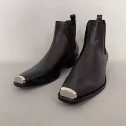 Chunky Heel Chelsea Boots for Men Metal Toe Genuine Leather Male Shoes 2024 New Stylish Shiny Leather Ankle Boots for Gentleman