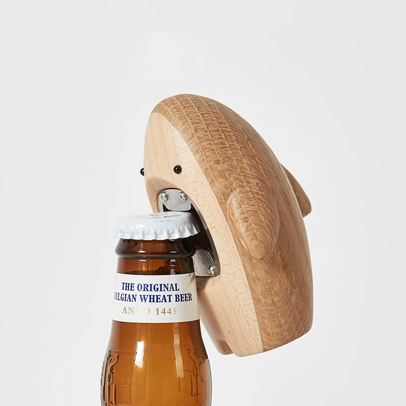 Creative Wooden Shark Ornament Beer Bottle Opener Statue Portable Corkscrew Wine Soda Cap Remover Tool for Party Home Decoration