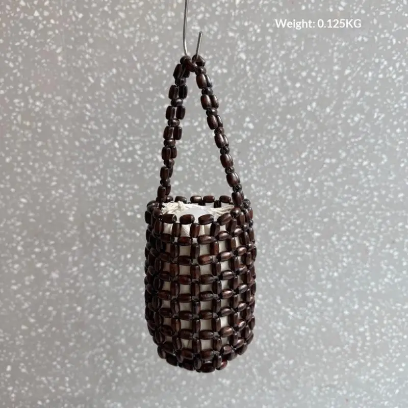 Retro Handmade Wooden Bead Woven Bucket Bag Creative Handbag Women Mini Hollow Bucket Bag Summer Wrist Bag