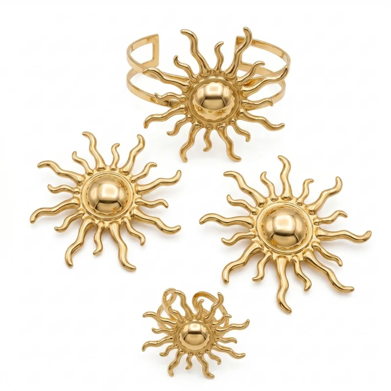 3 PCS Vintage Wavy Sun Ray Statement Jewelry Set Retro Gold Sunburst Earring Bracelet Ring Bohemian Trendy Accessory For Women view 4